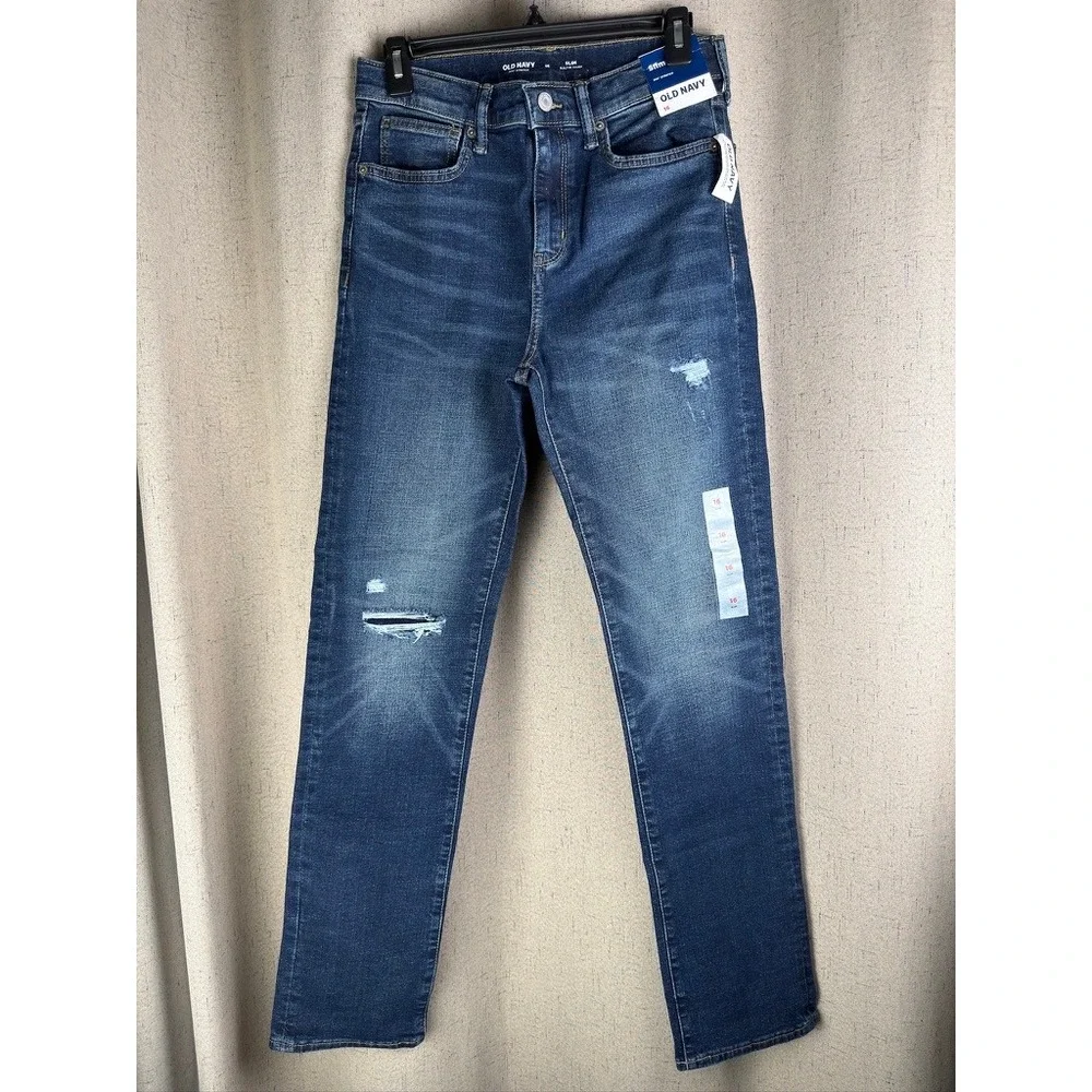 Old Navy Slim Jeans Boys Size 16 Blue New Distressed 360 Stretch Built-In Tough
